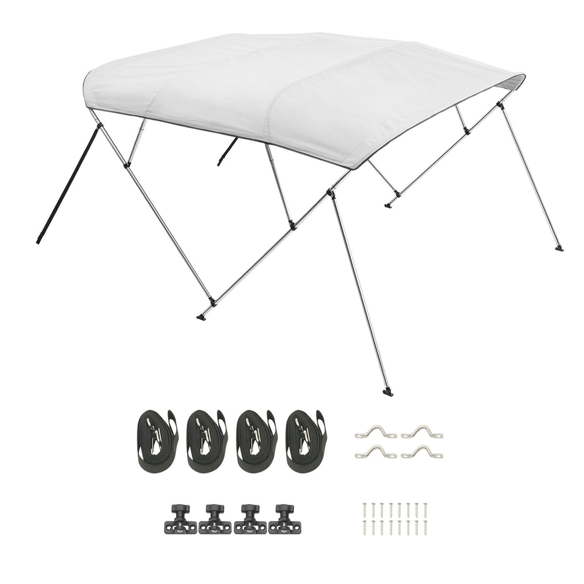 4 Bow Boat Bimini Tops, 600D Polyester Canopy with Aluminum Alloy Frame, Waterproof & Sun Shade Boat Awning Canopy with Storage Bag, 2 Support Poles, 4 Straps, 96"Lx(79"-84")Wx54"H, Light Grey
