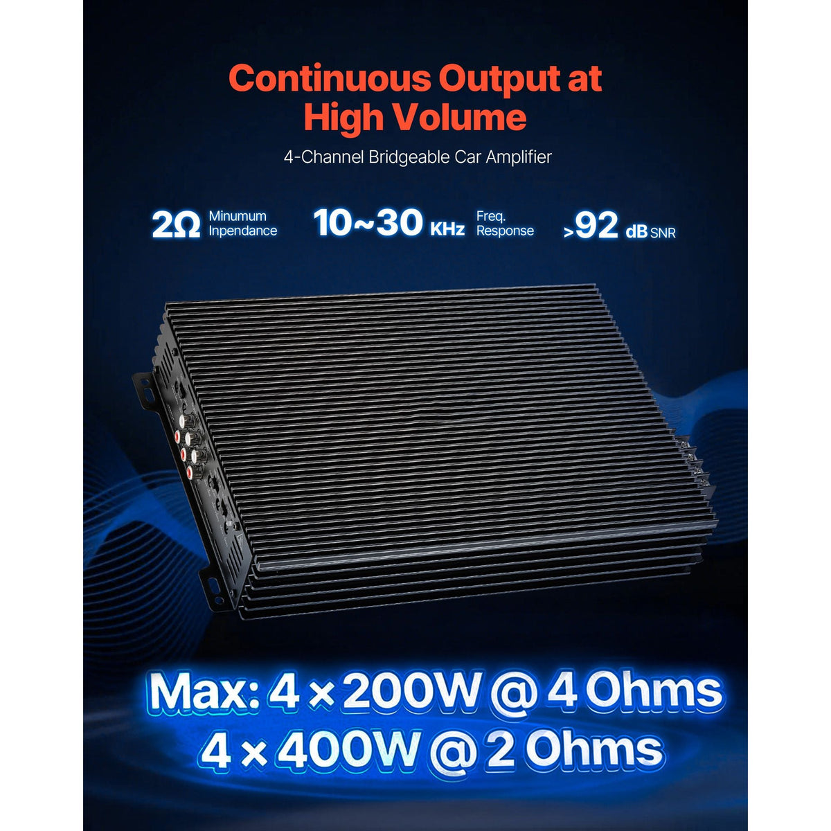4 Channel Car Audio Amplifier 2 Ohm Stable Bridgeable Class A/B Full Range Amp Max Power 4 x 200W @ 4 Ohm / 4 x 400W @ 2 Ohm for Car SUV Truck Off-Road