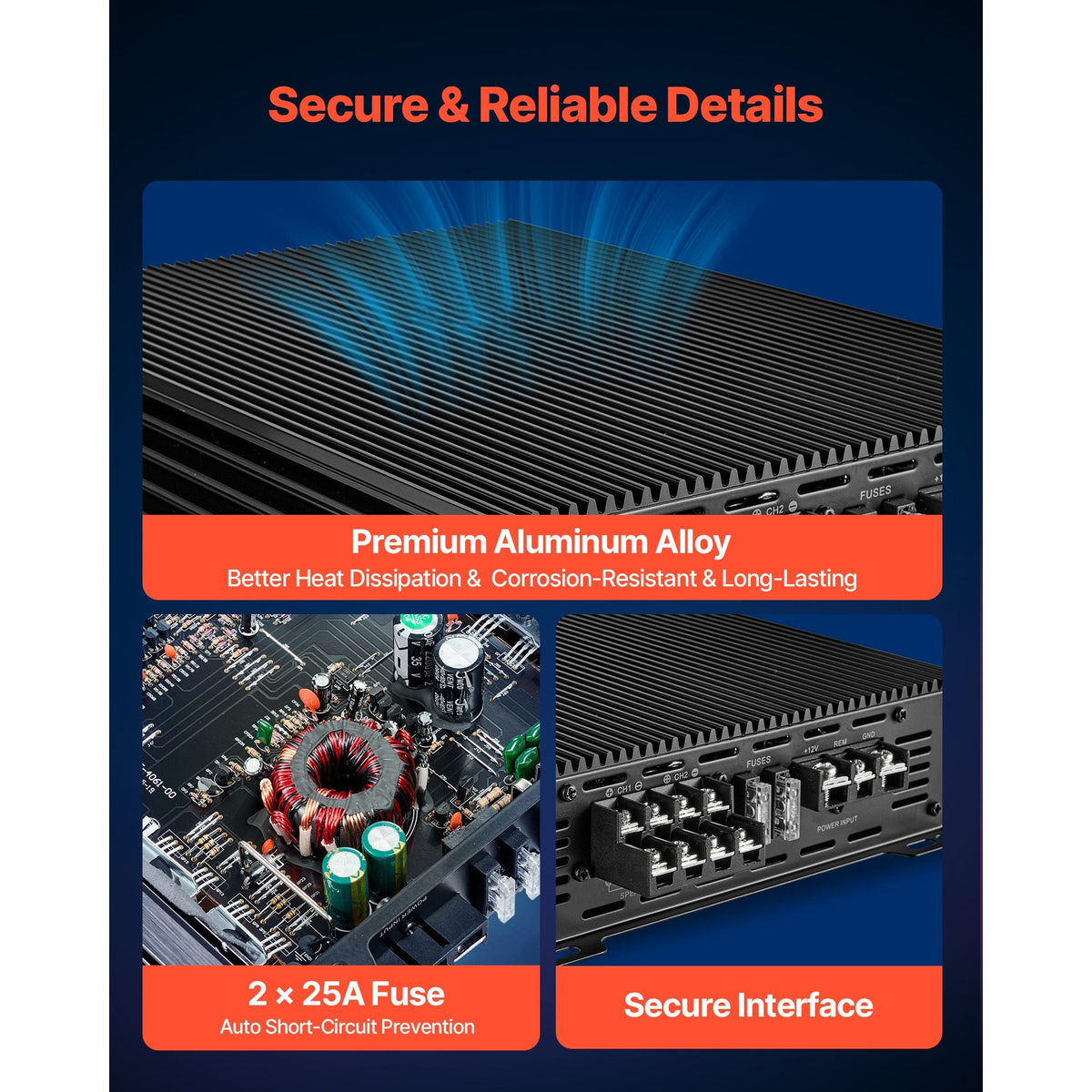 4 Channel Car Audio Amplifier 2 Ohm Stable Bridgeable Class A/B Full Range Amp Max Power 4 x 200W @ 4 Ohm / 4 x 400W @ 2 Ohm for Car SUV Truck Off-Road