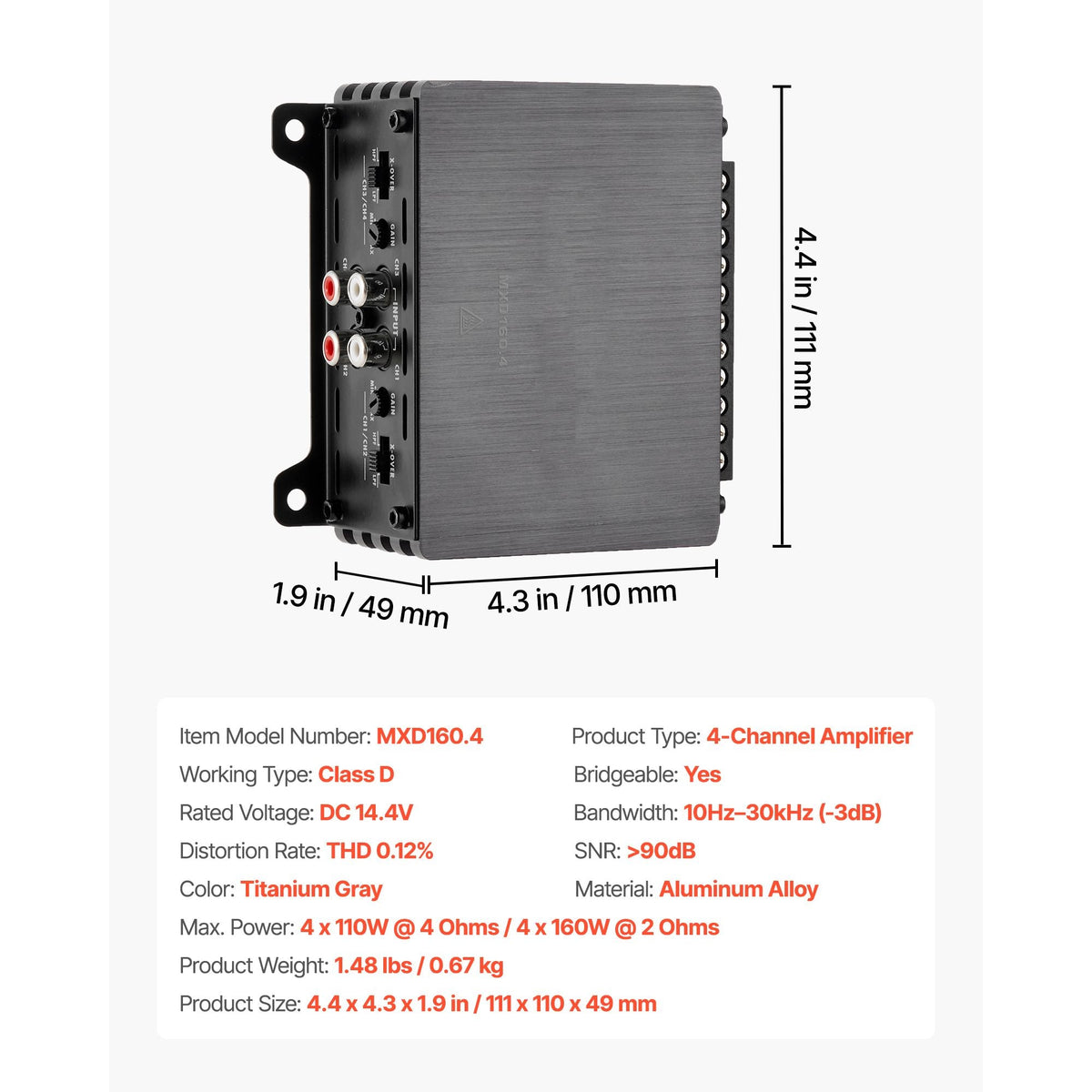 4 Channel Car Audio Amplifier 2 Ohm Stable Bridgeable Class D Full Range Amp Max Power 4 x 110W @ 4 Ohm / 4 x 160W @ 2 Ohm for Car SUV Truck Off-Road
