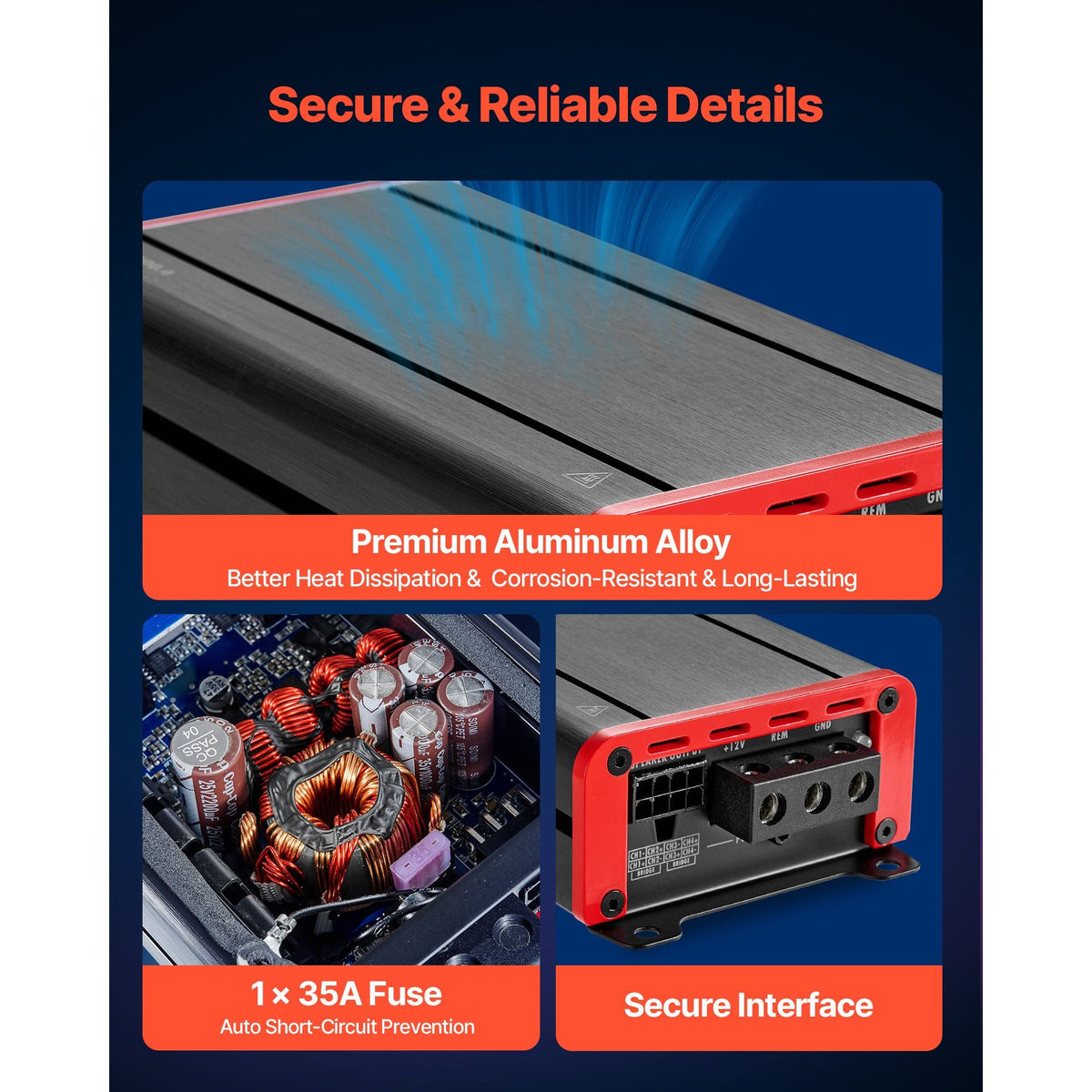 4 Channel Car Audio Amplifier 2 Ohm Stable Bridgeable Class D Full Range Amp Max Power 4 x 120W @ 4 Ohm / 4 x 200W @ 2 Ohm for Car SUV Truck Off-Road