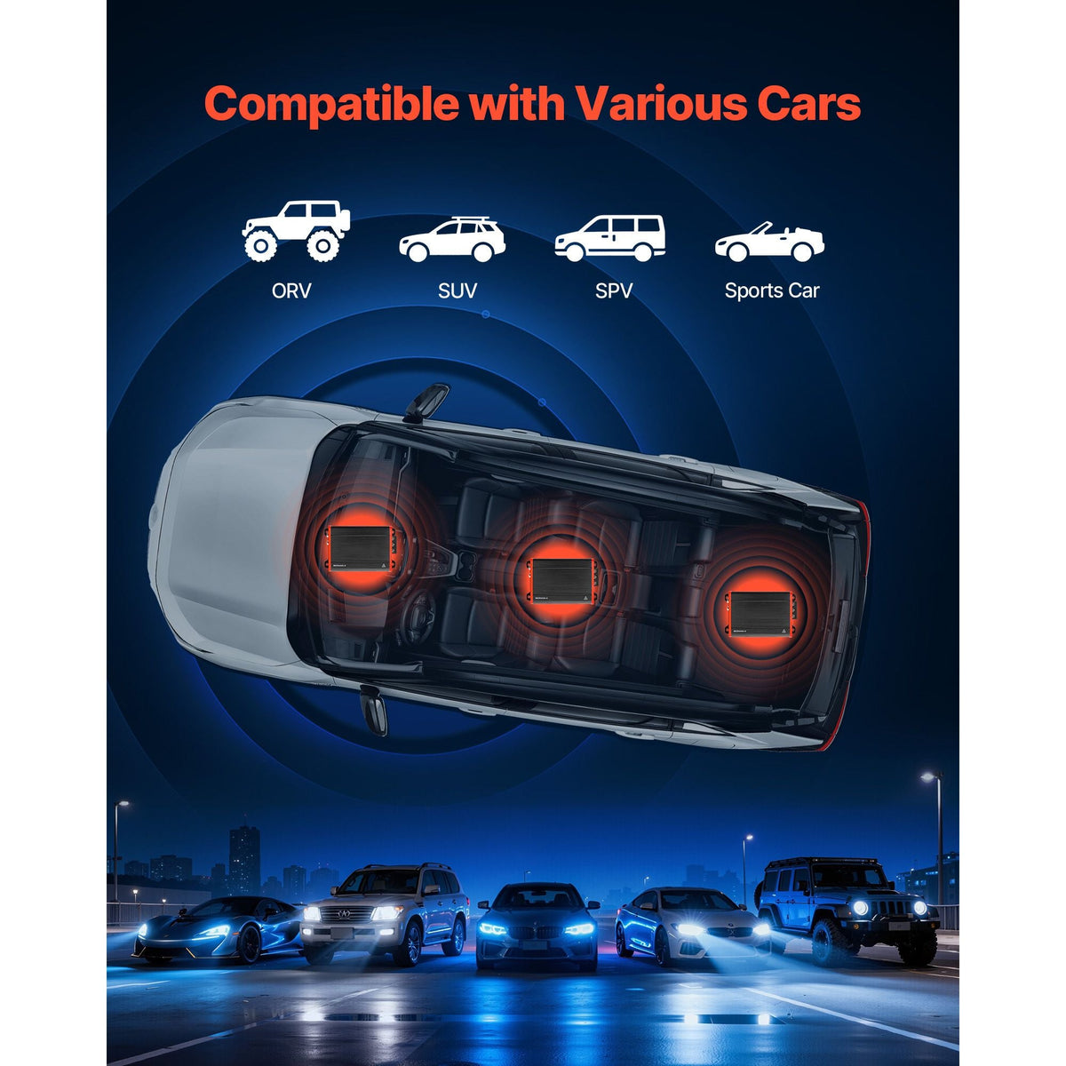 4 Channel Car Audio Amplifier 2 Ohm Stable Bridgeable Class D Full Range Amp Max Power 4 x 120W @ 4 Ohm / 4 x 200W @ 2 Ohm for Car SUV Truck Off-Road
