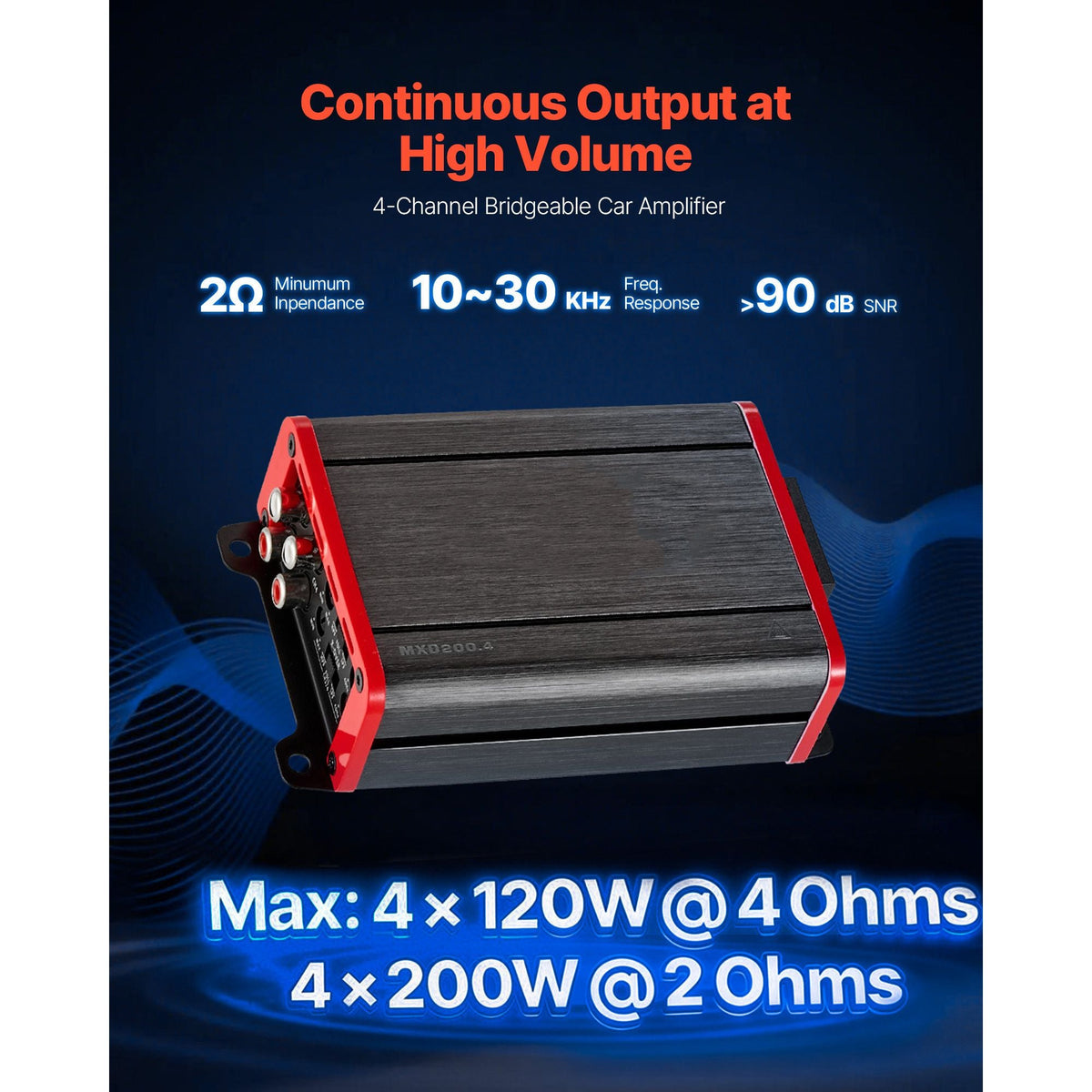 4 Channel Car Audio Amplifier 2 Ohm Stable Bridgeable Class D Full Range Amp Max Power 4 x 120W @ 4 Ohm / 4 x 200W @ 2 Ohm for Car SUV Truck Off-Road