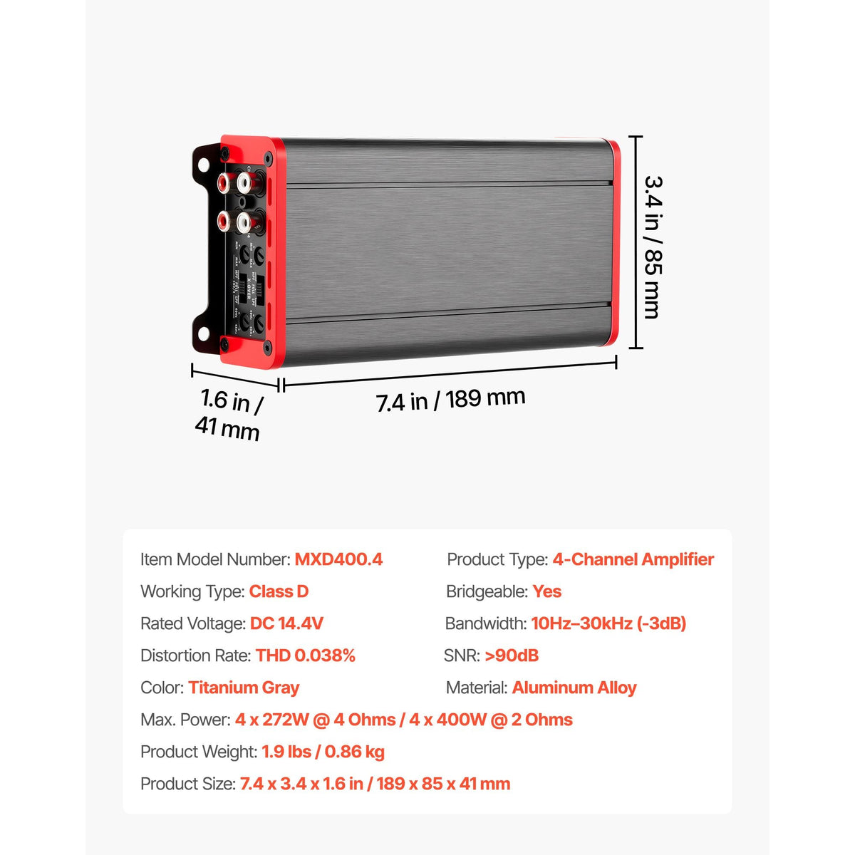 4 Channel Car Audio Amplifier 2 Ohm Stable Bridgeable Class D Full Range Amp Max Power 4 x 272W @ 4 Ohm / 4 x 400W @ 2 Ohm for Car SUV Truck Off-Road