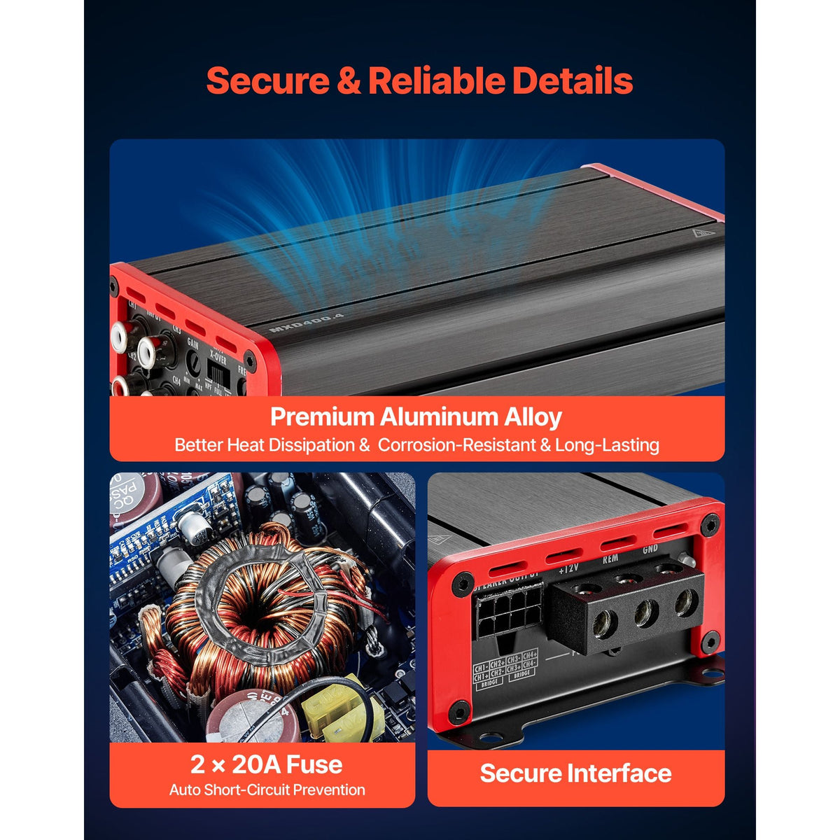 4 Channel Car Audio Amplifier 2 Ohm Stable Bridgeable Class D Full Range Amp Max Power 4 x 272W @ 4 Ohm / 4 x 400W @ 2 Ohm for Car SUV Truck Off-Road