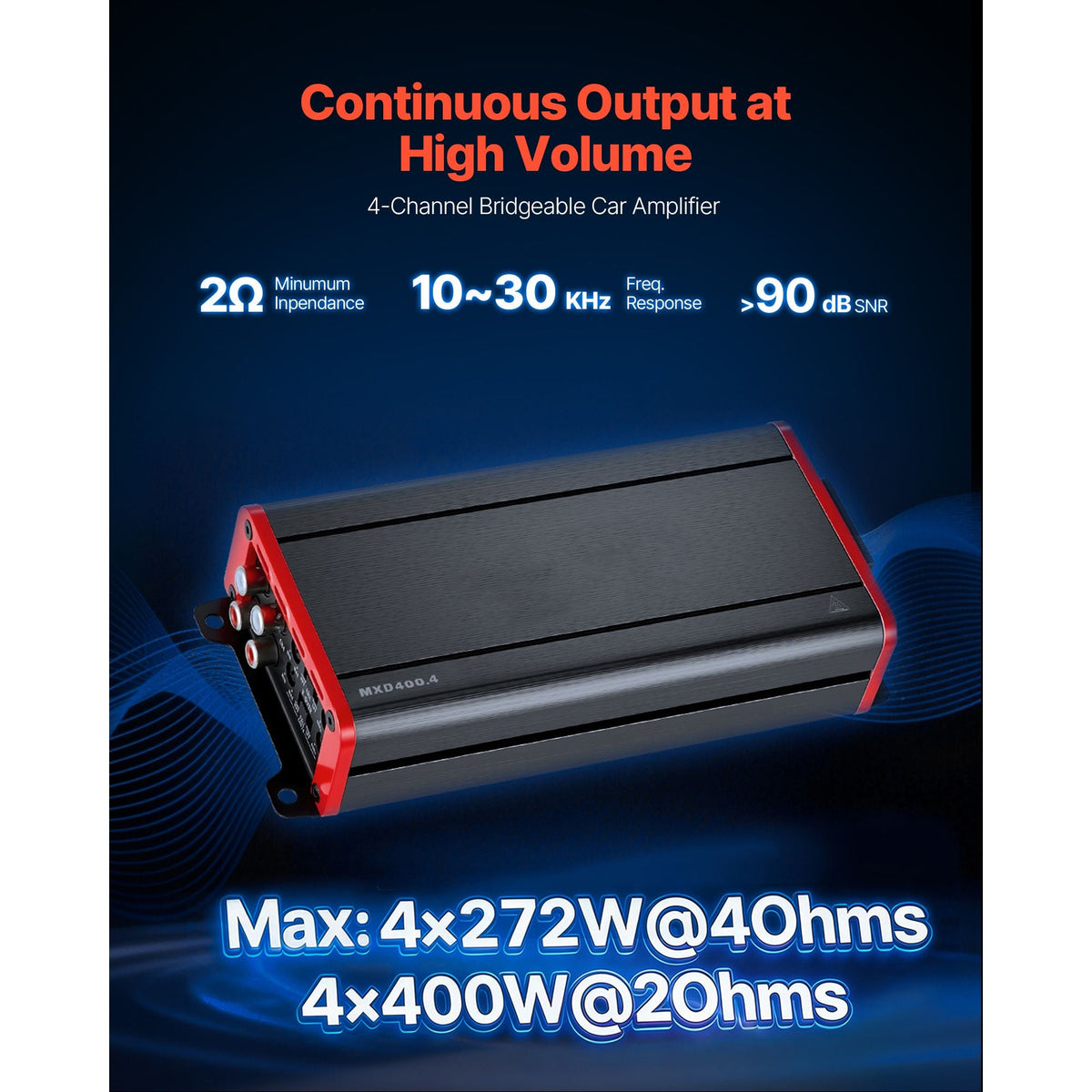 4 Channel Car Audio Amplifier 2 Ohm Stable Bridgeable Class D Full Range Amp Max Power 4 x 272W @ 4 Ohm / 4 x 400W @ 2 Ohm for Car SUV Truck Off-Road