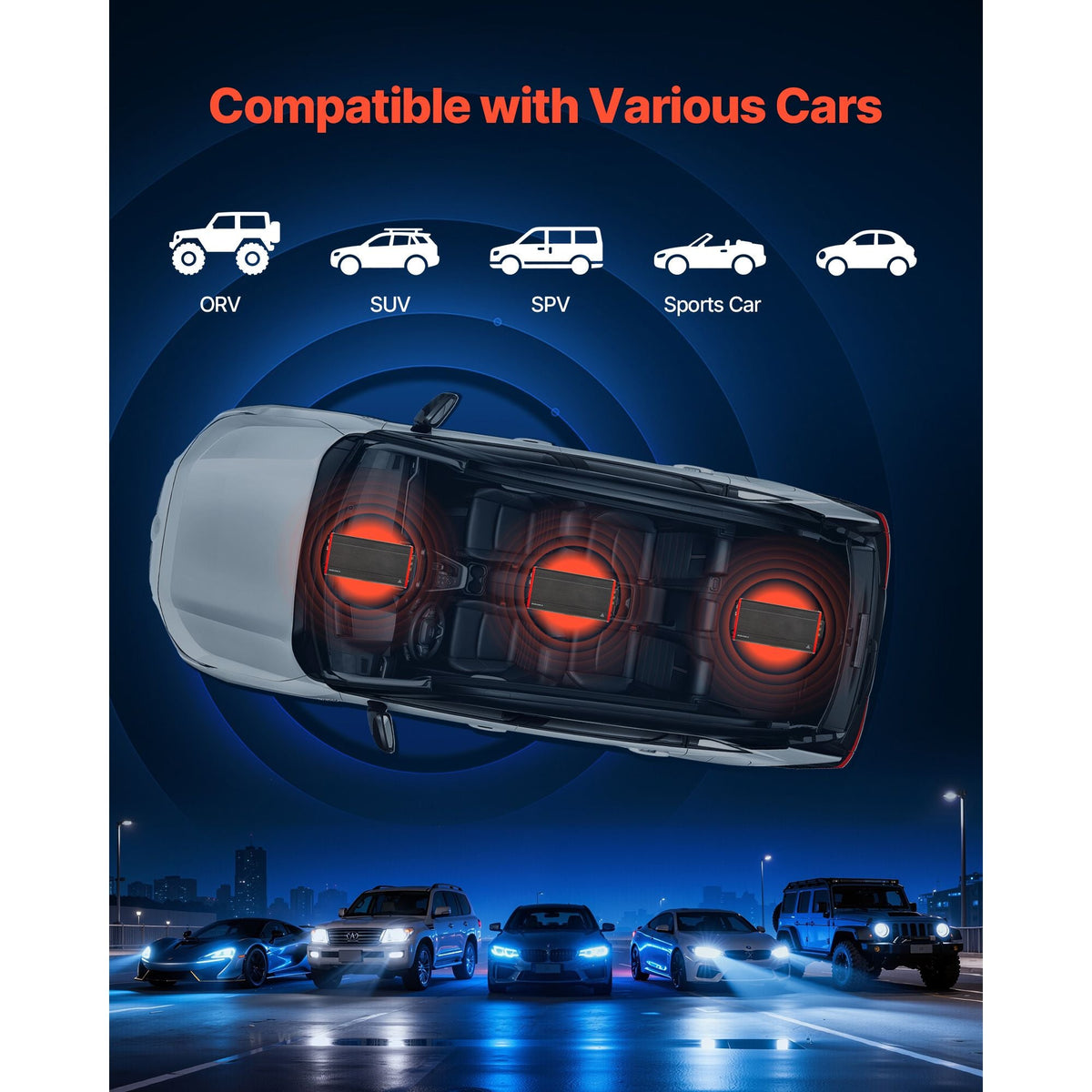 4 Channel Car Audio Amplifier 2 Ohm Stable Bridgeable Class D Full Range Amp Max Power 4 x 272W @ 4 Ohm / 4 x 400W @ 2 Ohm for Car SUV Truck Off-Road