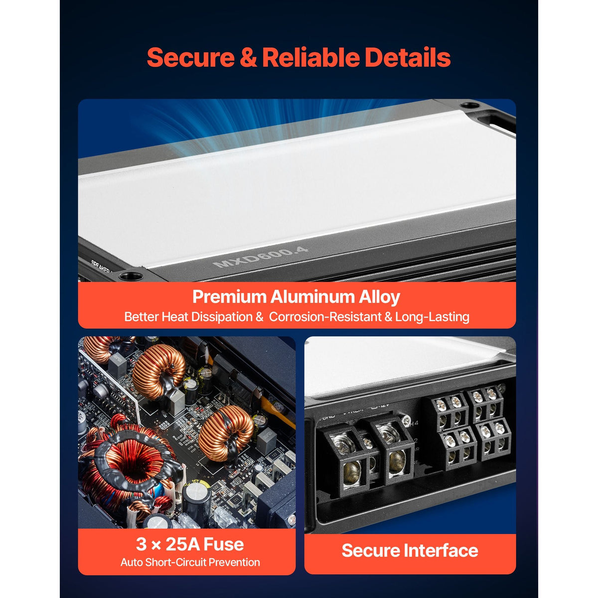 4 Channel Car Audio Amplifier 2 Ohm Stable Bridgeable Class D Full Range Amp Max Power 4 x 420W @ 4 Ohm / 4 x 600W @ 2 Ohm for Car SUV Truck Off-Road