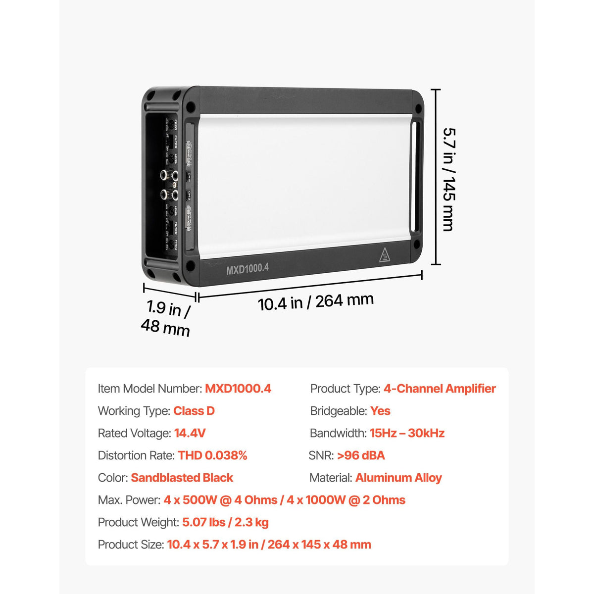 4 Channel Car Audio Amplifier 2 Ohm Stable Bridgeable Class D Full Range Amp Max Power 4 x 500W @ 4 Ohm / 4 x 1000W @ 2 Ohm for Car SUV Truck Off-Road
