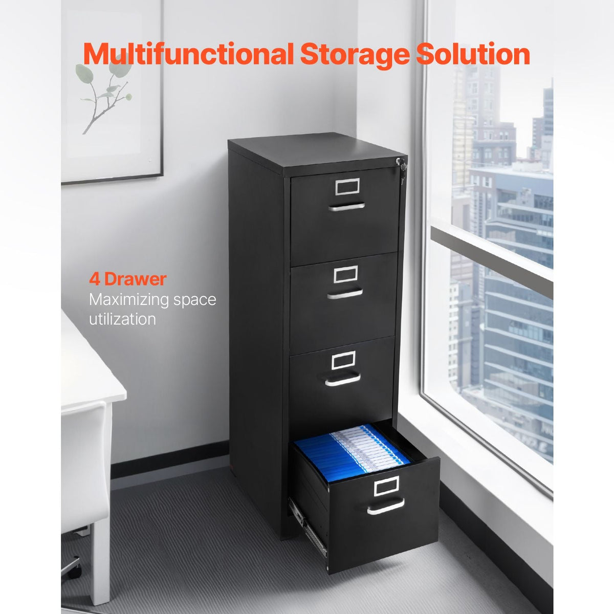 4 Drawer File Cabinet with Lock, Metal Vertical Filing Storage Cabinets for Home Office, Heavy-Duty Cabinet with Detachable Hanging Rod, for A4/Letter/Legal Size File, Easy Assembly (Black)