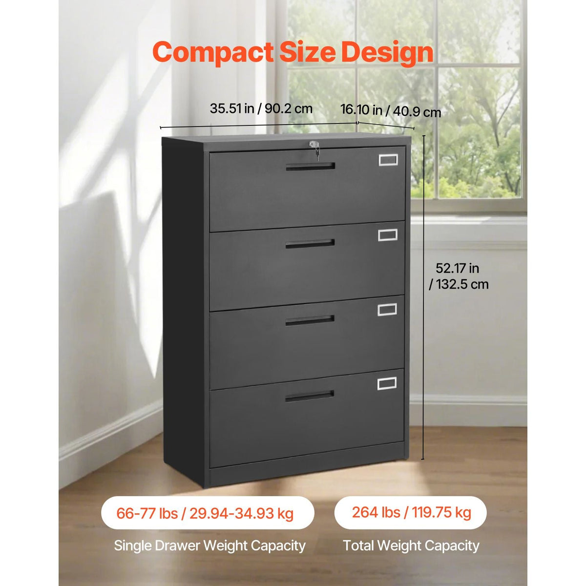 4 Drawers Metal File Cabinet, Vertical Filing Cabinet with Lock and Adjustable Hanging Rod, Tall Filing Storage Cabinets for Home and Office Fit Letter, A4, Legal Size File, Easy Assembly, Black
