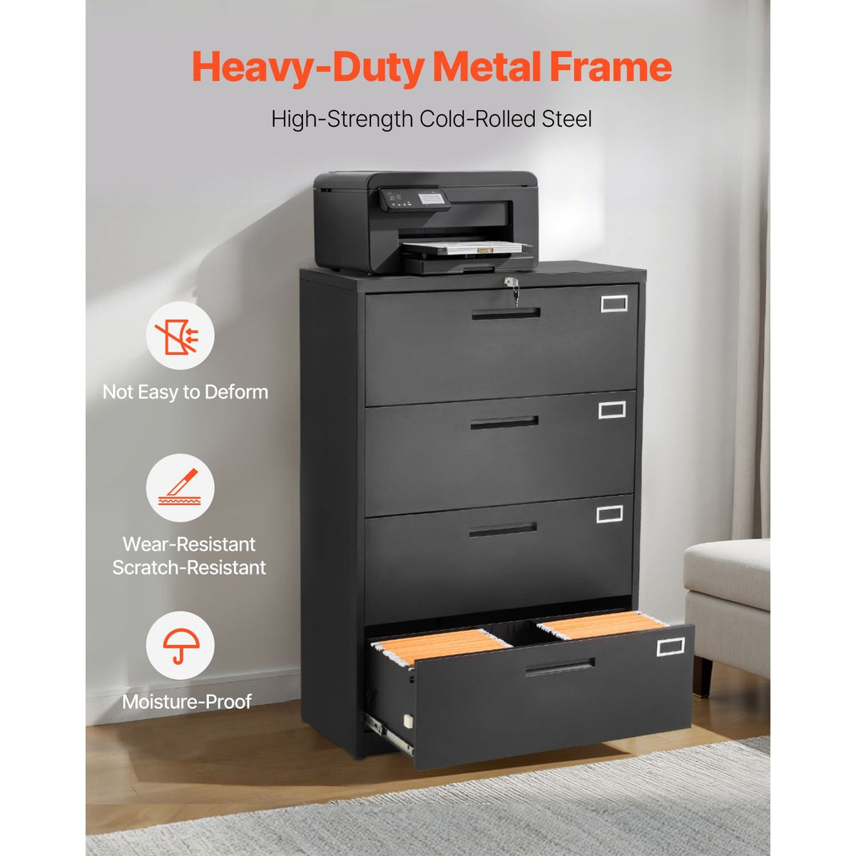 4 Drawers Metal File Cabinet, Vertical Filing Cabinet with Lock and Adjustable Hanging Rod, Tall Filing Storage Cabinets for Home and Office Fit Letter, A4, Legal Size File, Easy Assembly, Black