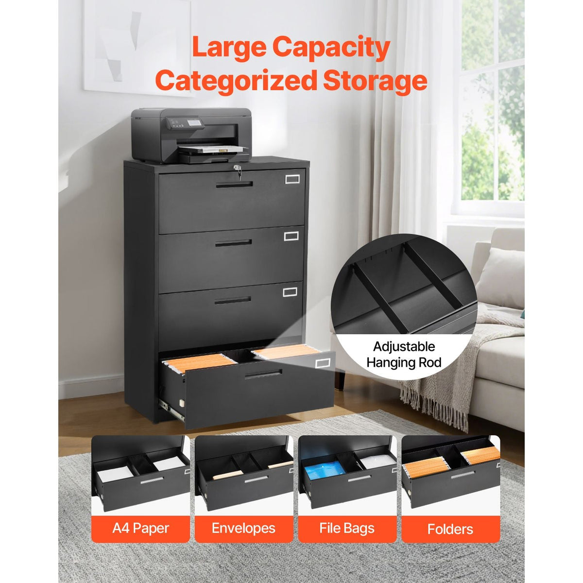 4 Drawers Metal File Cabinet, Vertical Filing Cabinet with Lock and Adjustable Hanging Rod, Tall Filing Storage Cabinets for Home and Office Fit Letter, A4, Legal Size File, Easy Assembly, Black