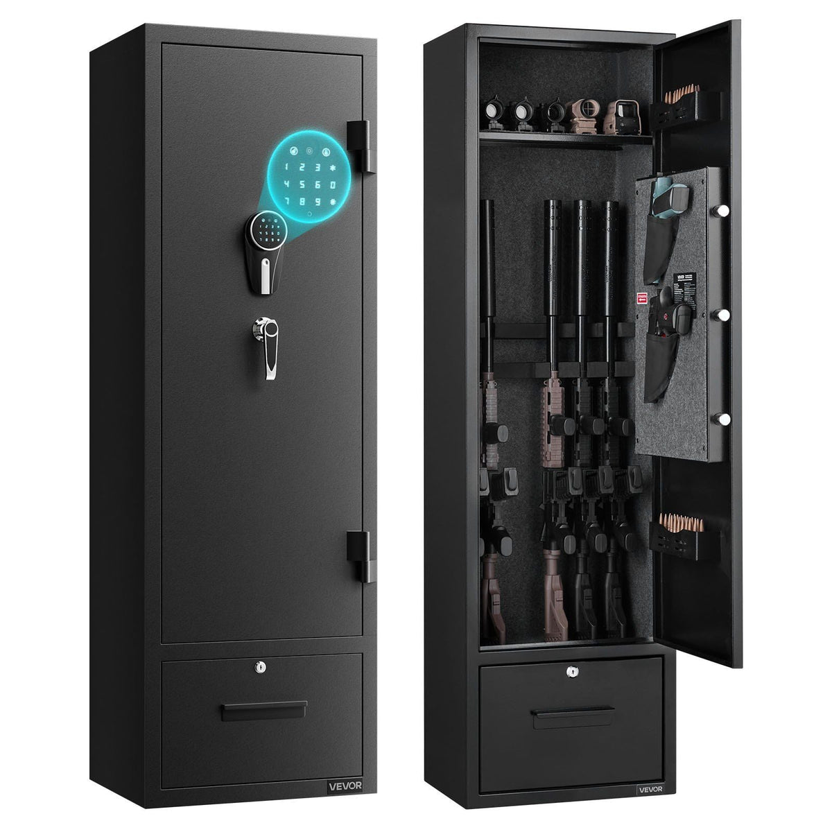 4 Gun Safe, Long Gun Cabinet for Rifles and Pistols, Quick Access Rifle Safe with 2 Ammo Slots, 2 Pistol Pockets & 2 Adjustable Racks, Large Digital Cabinet with Key and Password Lock