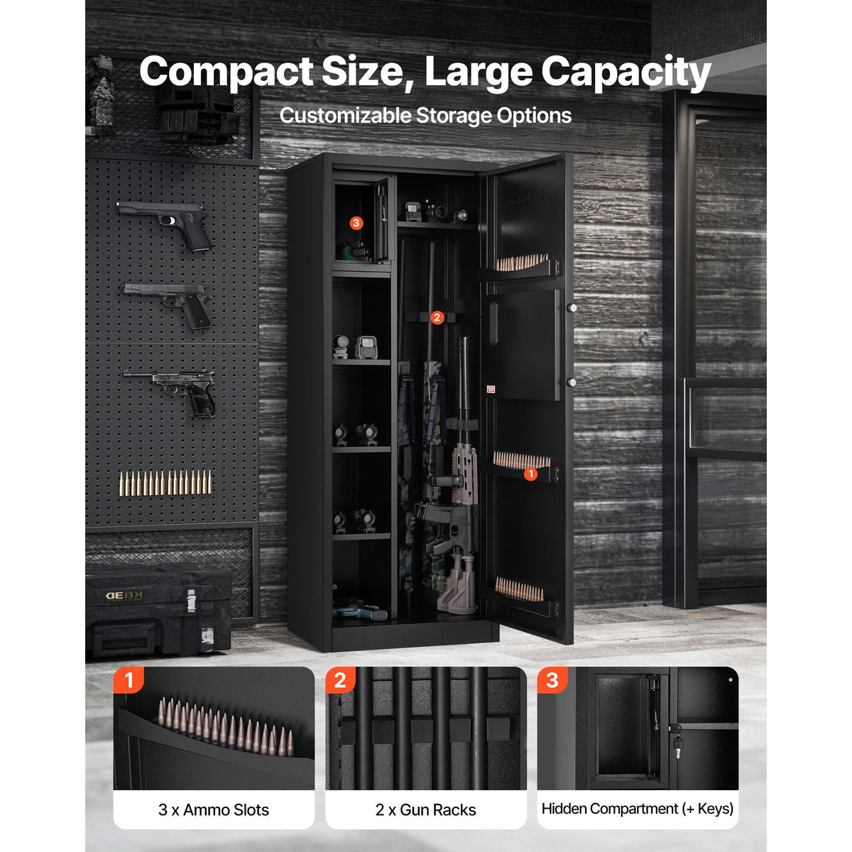 4 Gun Safe, Long Gun Cabinet for Rifles and Pistols, Quick Access Rifle Safe with 3 Ammo Slots and 2 Adjustable Racks, Large Digital Cabinet with Key and Password Lock