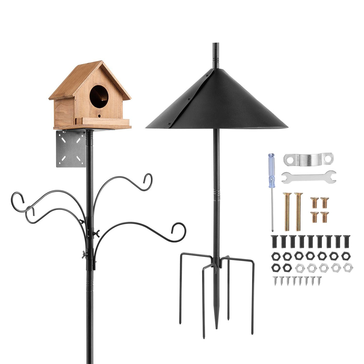 4-Hook Wild Bird Feeder Stand Pole, 92 Inch Bird Feeding Station Kit, 31/32 inch Diameter Bird House Hanging Hooks with Squirrel Guard Baffle, Heavy Duty Multi-Feeder Stand Easy to Install