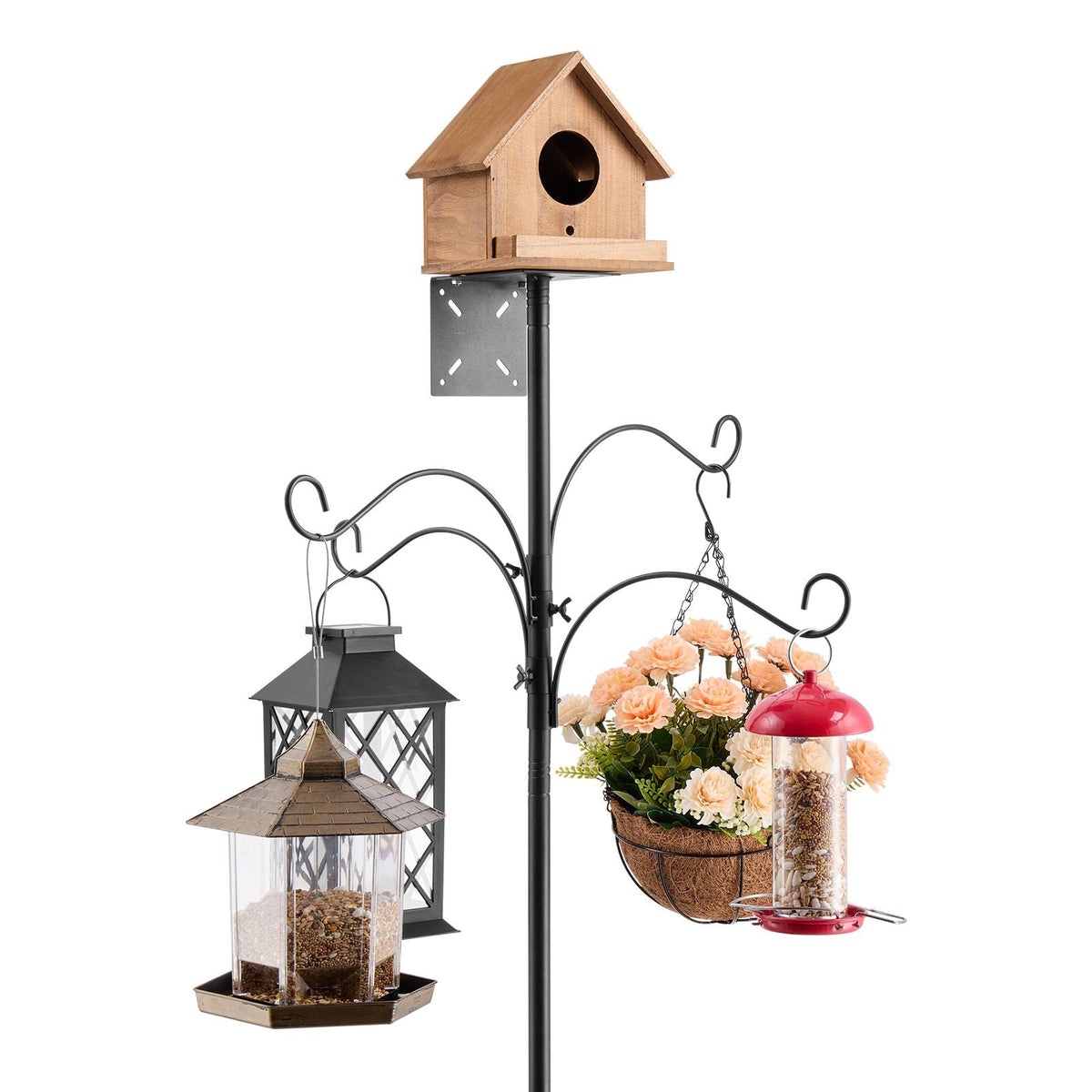 4-Hook Wild Bird Feeder Stand Pole, 92 Inch Bird Feeding Station Kit, 31/32 inch Diameter Bird House Hanging Hooks with Squirrel Guard Baffle, Heavy Duty Multi-Feeder Stand Easy to Install