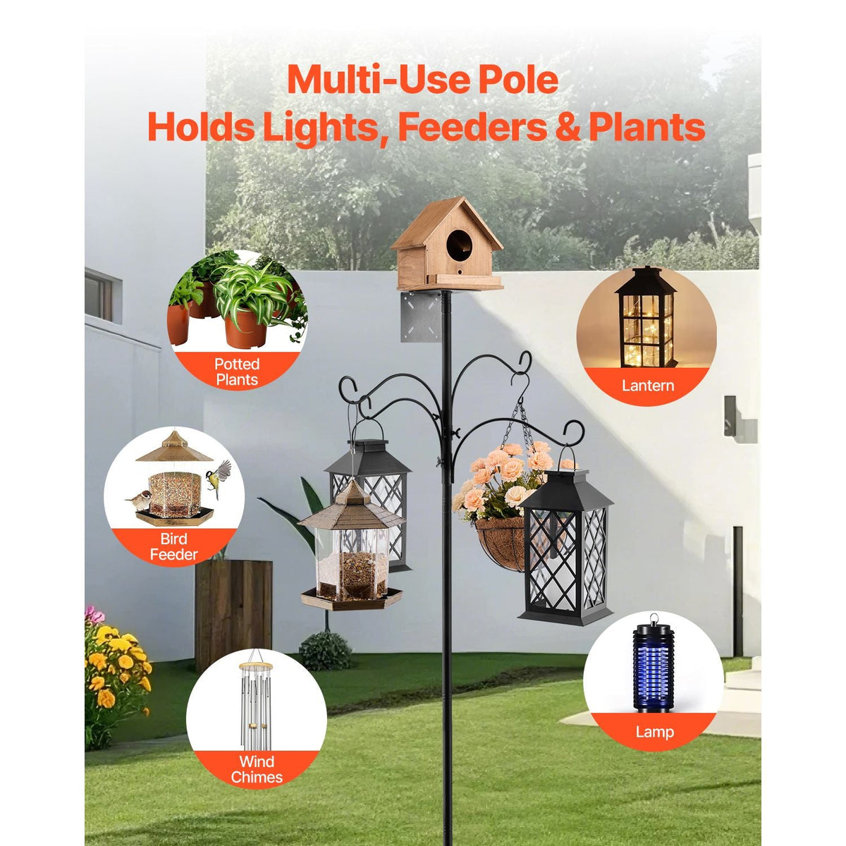 4-Hook Wild Bird Feeder Stand Pole, 92 Inch Bird Feeding Station Kit, 31/32 inch Diameter Bird House Hanging Hooks with Squirrel Guard Baffle, Heavy Duty Multi-Feeder Stand Easy to Install