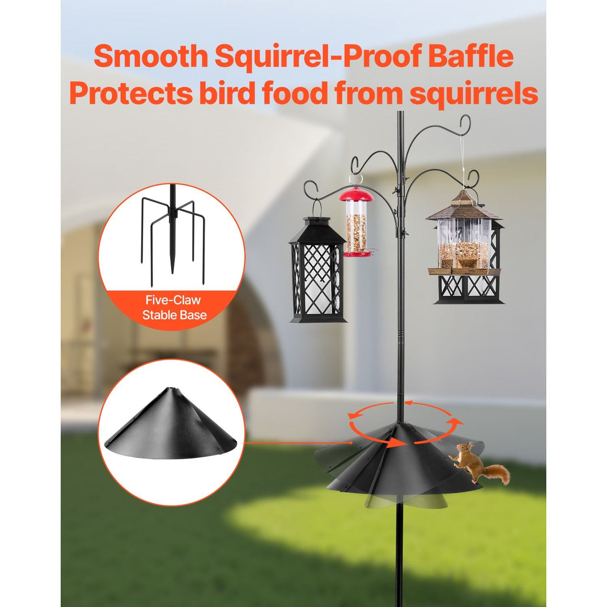4-Hook Wild Bird Feeder Stand Pole, 92 Inch Bird Feeding Station Kit, 31/32 inch Diameter Bird House Hanging Hooks with Squirrel Guard Baffle, Heavy Duty Multi-Feeder Stand Easy to Install