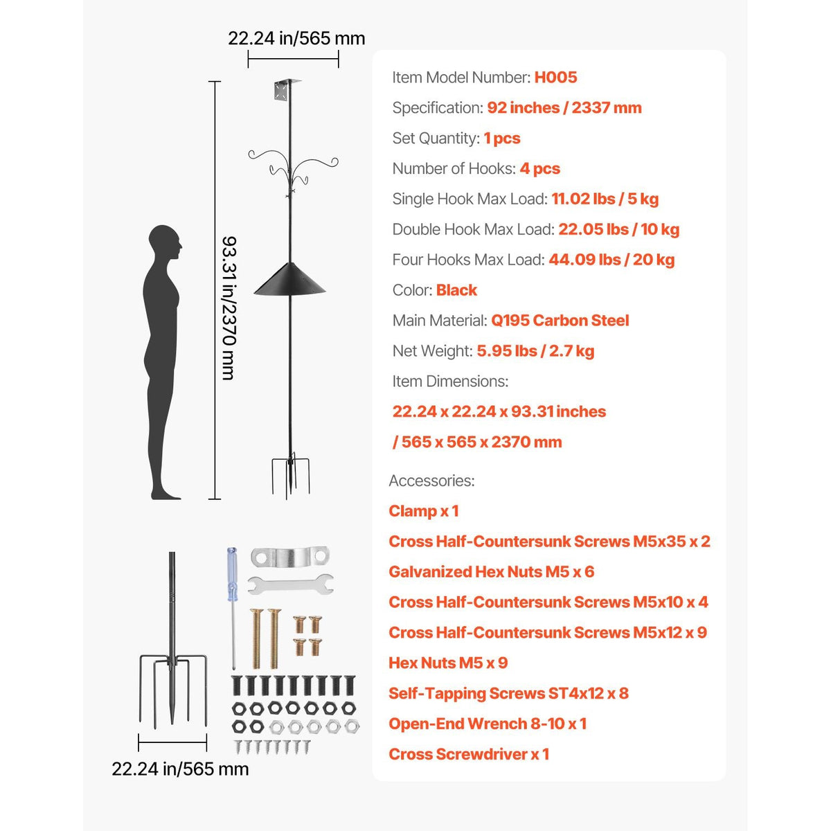 4-Hook Wild Bird Feeder Stand Pole, 92 Inch Bird Feeding Station Kit, 31/32 inch Diameter Bird House Hanging Hooks with Squirrel Guard Baffle, Heavy Duty Multi-Feeder Stand Easy to Install