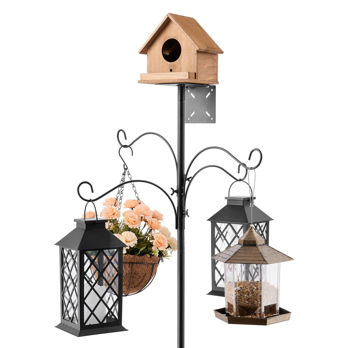 4-Hook Wild Bird Feeder Stand Pole, 92 Inch Bird Feeding Station Kit, 31/32 inch Diameter Bird House Hanging Hooks with Squirrel Guard Baffle, Heavy Duty Multi-Feeder Stand Easy to Install