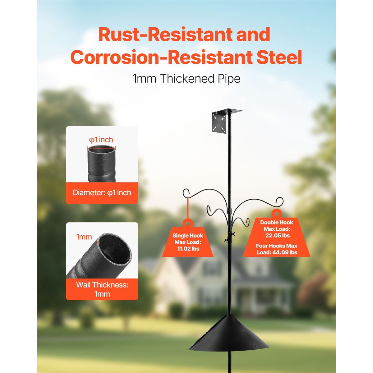 4-Hook Wild Bird Feeder Stand Pole, 92 Inch Bird Feeding Station Kit, 31/32 inch Diameter Bird House Hanging Hooks with Squirrel Guard Baffle, Heavy Duty Multi-Feeder Stand Easy to Install
