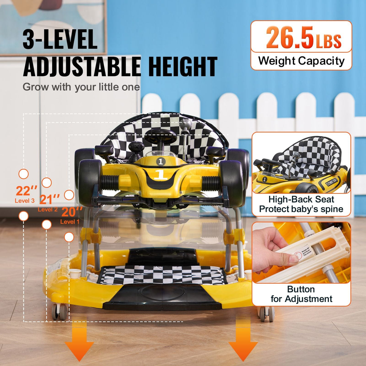 4-in-1 Baby Walker, Foldable Baby Activity Center on Wheels, Adjustable Height, Light, Steering Wheel, Toy Car | Learning-Seated | Walk-Behind | Rocker Toddler Walker for 6-24 Month Boys Girls