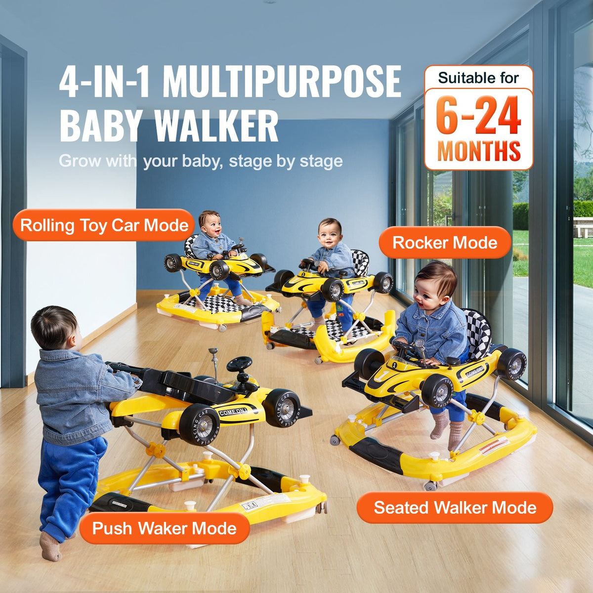 4-in-1 Baby Walker, Foldable Baby Activity Center on Wheels, Adjustable Height, Light, Steering Wheel, Toy Car | Learning-Seated | Walk-Behind | Rocker Toddler Walker for 6-24 Month Boys Girls
