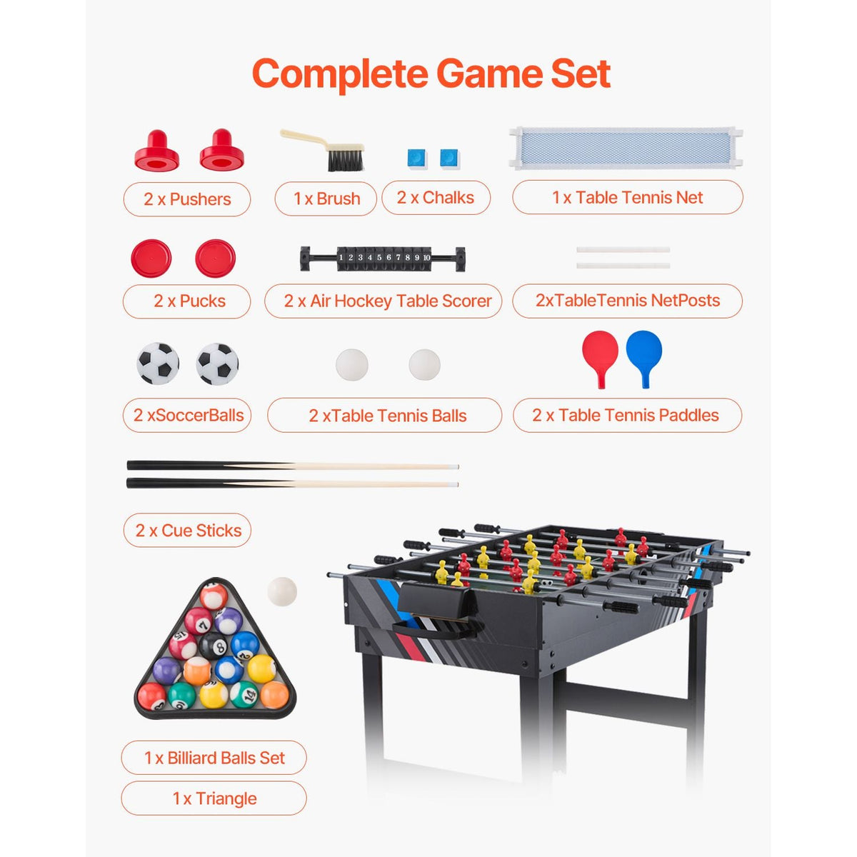 4-in-1 Combo Game Table Set, 48" Air Hockey Table, Multi Combination Table with Air Hockey, Pool Billiard, Foosball, Ping Pong, Pushers & Pucks, Sports Arcade Table for Family Game Room Office