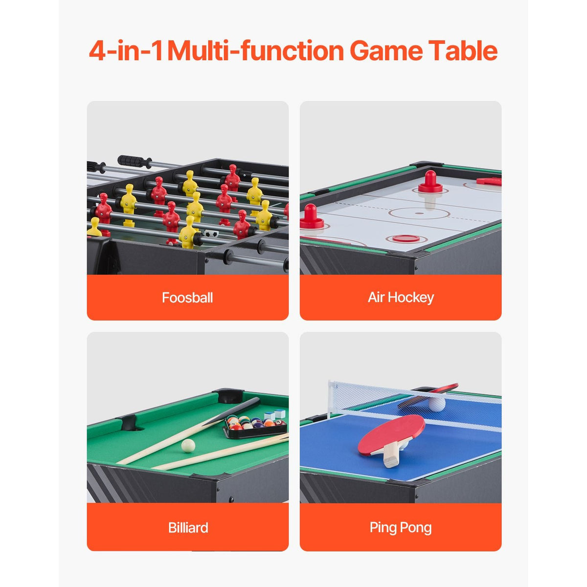 4-in-1 Combo Game Table Set, 48" Air Hockey Table, Multi Combination Table with Air Hockey, Pool Billiard, Foosball, Ping Pong, Pushers & Pucks, Sports Arcade Table for Family Game Room Office