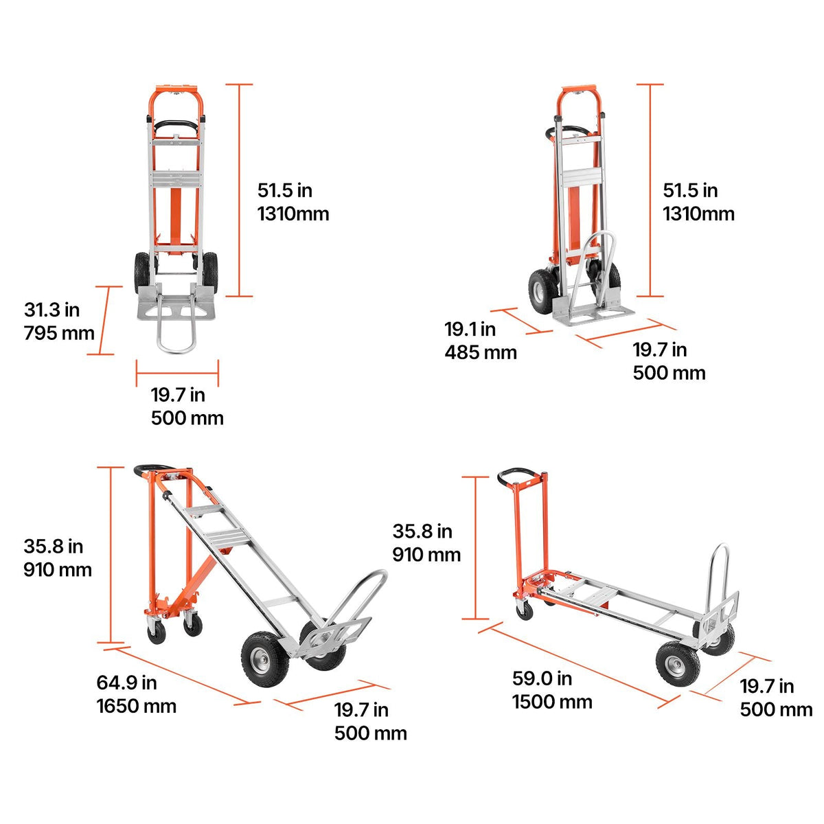 4 in 1 Hand Truck, 1000 lbs Load Capacity for 4-Wheel Mode, Convertible Hand Truck Dolly with Non-Slip Handle & Wheels, Aluminum Alloy Portable Trolley Dolly for Moving Home, Office, Warehouse