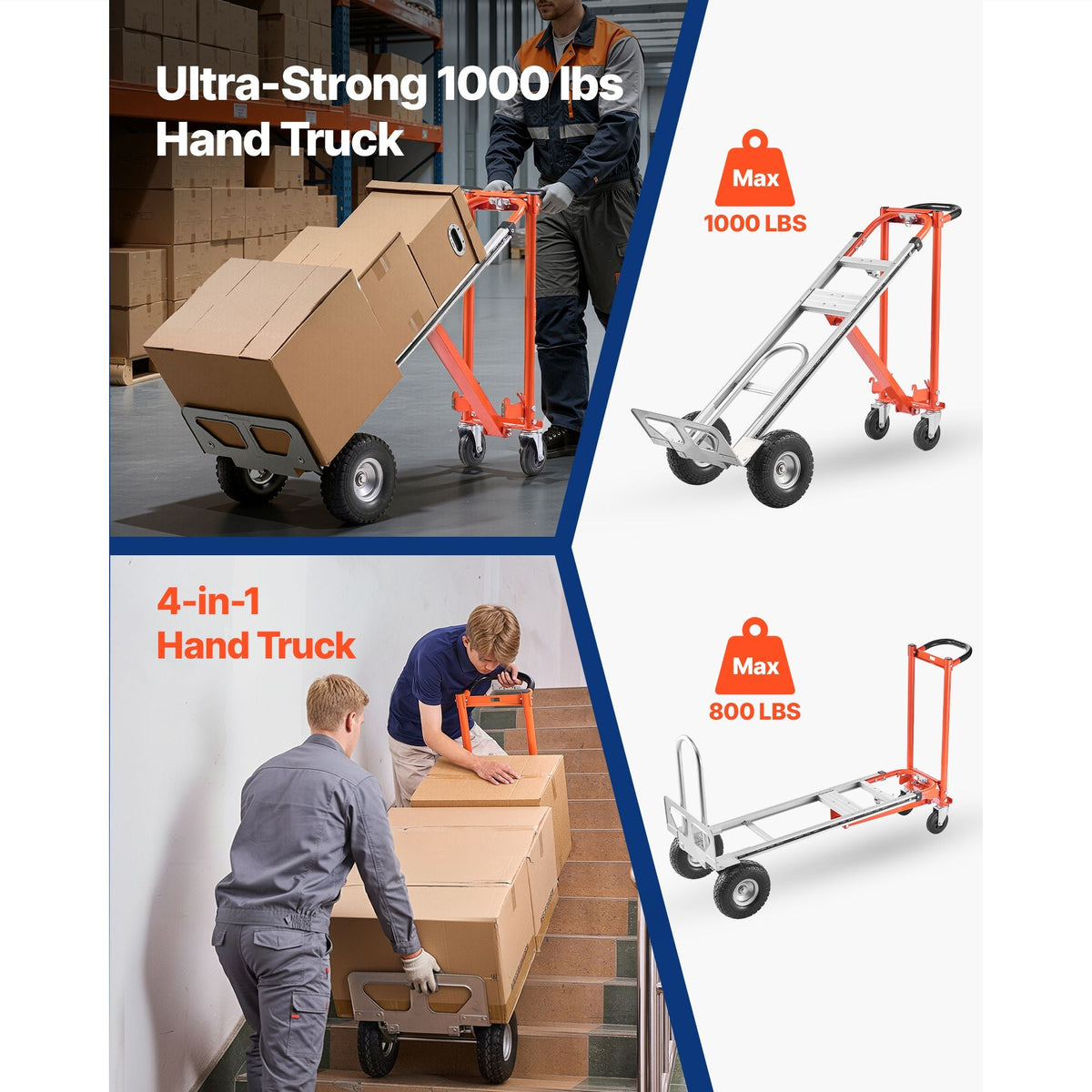 4 in 1 Hand Truck, 1000 lbs Load Capacity for 4-Wheel Mode, Convertible Hand Truck Dolly with Non-Slip Handle & Wheels, Aluminum Alloy Portable Trolley Dolly for Moving Home, Office, Warehouse