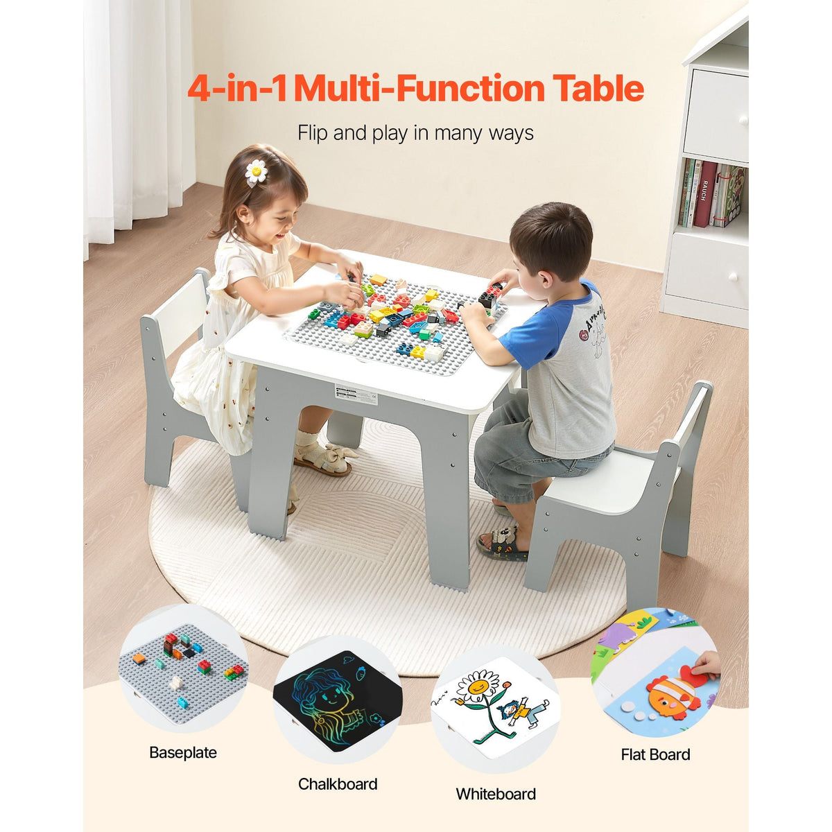 4 in 1 Kid Activity Table and 2 Chairs Set, Graffiti & Building Blocks Double-Sided Tabletop, Toddler Play Table with Storage for Kids 3+ Years, Large Storage Space, Gift for Boys & Girls, White