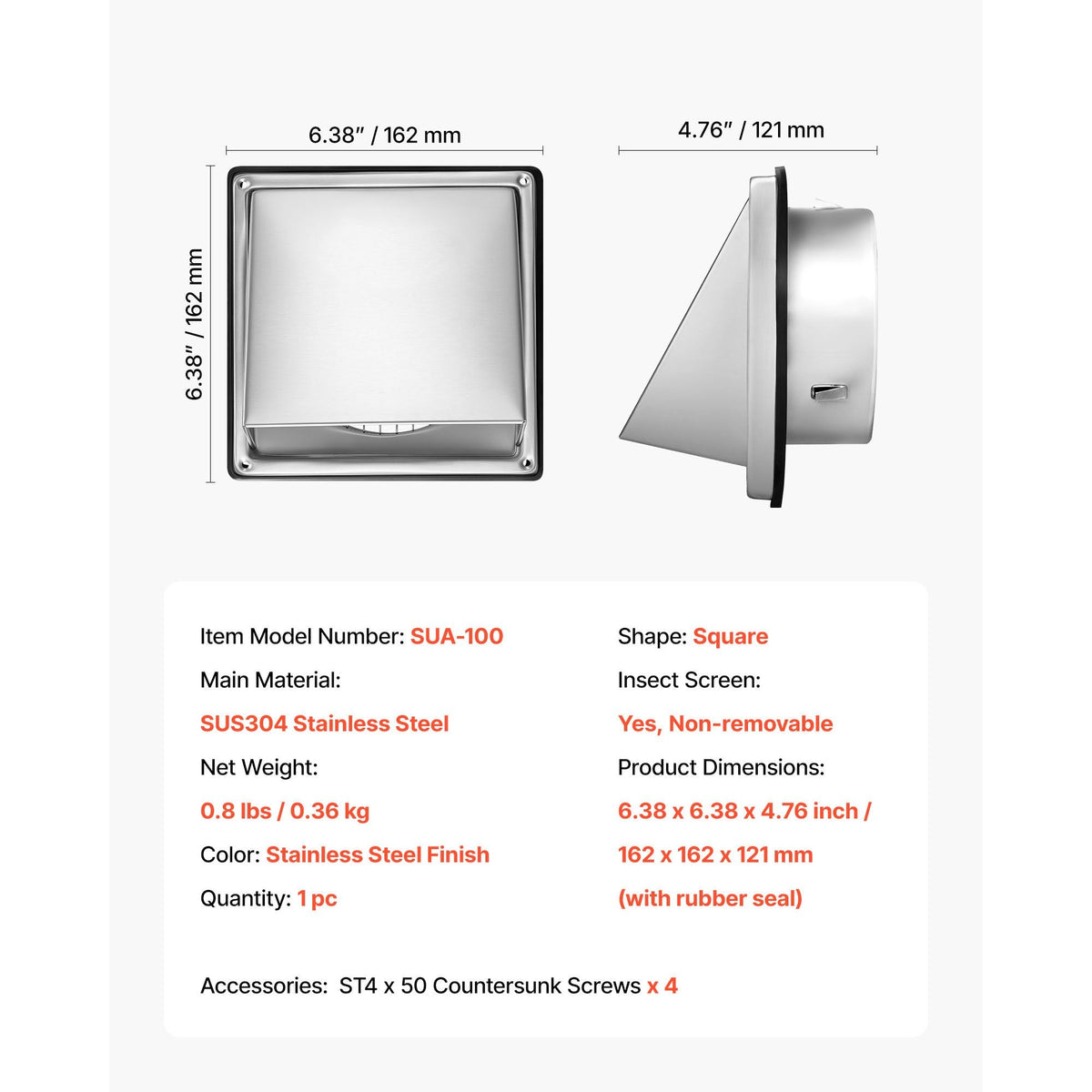 4 inch External Extractor Wall Vent Cover, Square AC Vent Gable Cover, Premium Stainless Steel & with Built-in a Protection Screen, for House,Bathroom,Garage,Kitchen,Basement (1 Pack, Silver)