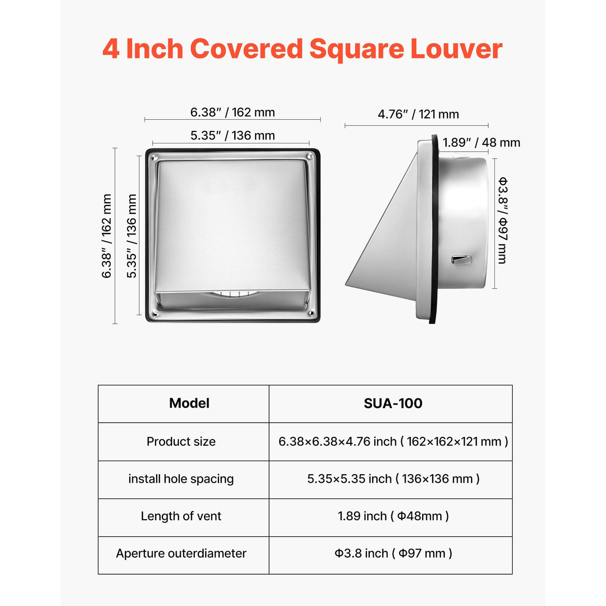 4 inch External Extractor Wall Vent Cover, Square AC Vent Gable Cover, Premium Stainless Steel & with Built-in a Protection Screen, for House,Bathroom,Garage,Kitchen,Basement (1 Pack, Silver)