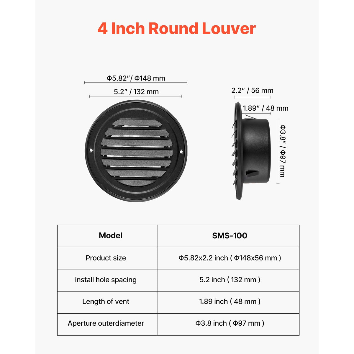 4 inch Wall Vent Cover, Louvered Round AC Vent Gable Cover, Premium Stainless Steel & with Built-in a Protection Screen, for House,Bathroom,Garage,Kitchen,Basement (2 Pack, Black)