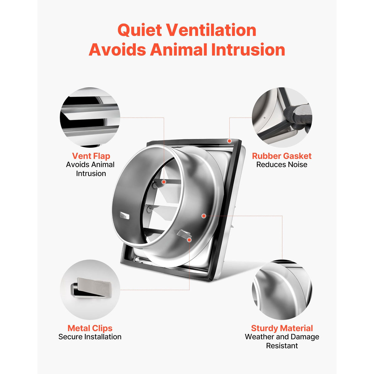 4 inch Wall Vent Cover, Louvered Square AC Vent Gable Cover, Premium Stainless Steel & with Noise Reducing Rubber Gasket, for House,Bathroom,Garage,Kitchen,Basement (1 Pack, Silver)