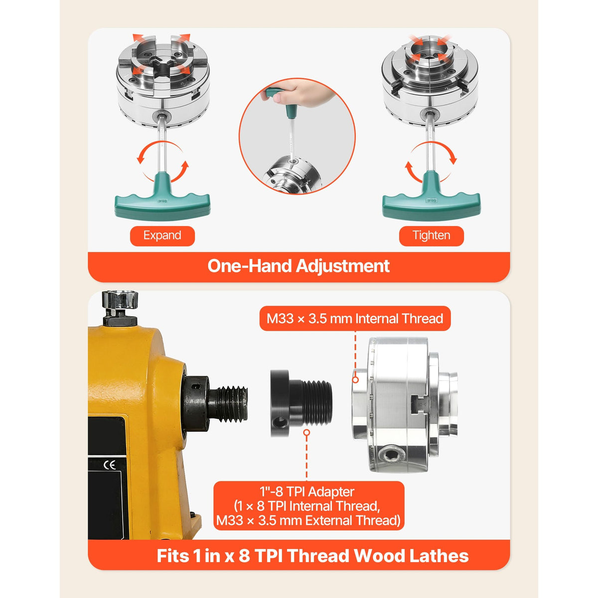 4 Inch Wood Lathe Chuck, 4-Jaw, Bevel-Gear Self-Centering Wood Turning Chuck Set with 1" x 8TPI Thread & Adapter, Round Jaws, Step Jaws, Nickel-Plated, High-Hardness Steel, for Woodworking Lathe