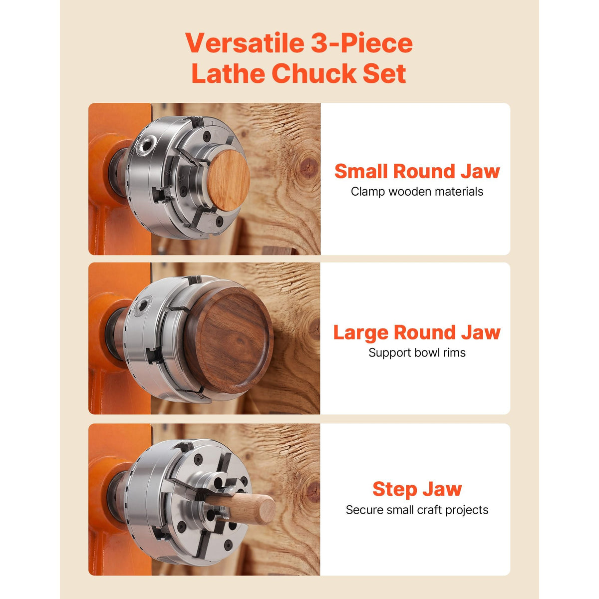 4 Inch Wood Lathe Chuck, 4-Jaw, Bevel-Gear Self-Centering Wood Turning Chuck Set with 1" x 8TPI Thread & Adapter, Round Jaws, Step Jaws, Nickel-Plated, High-Hardness Steel, for Woodworking Lathe