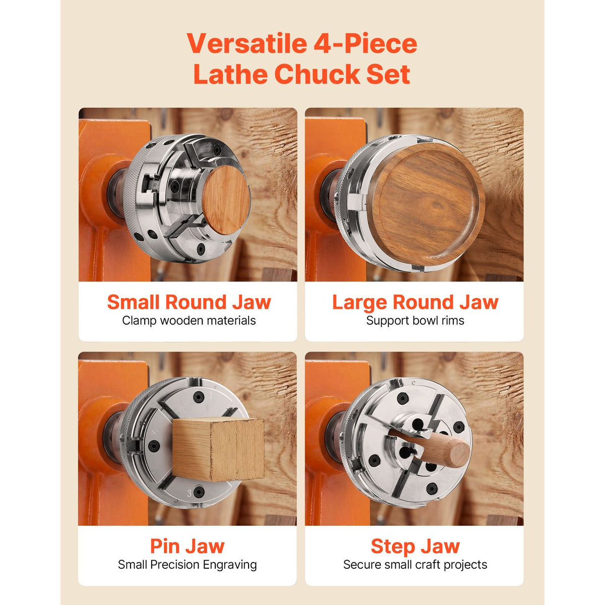 4 Inch Wood Lathe Chuck, 4-Jaw, Self-Centering Wood Turning Chuck Set with 1" x 8TPI Thread & Adapter, 4 PCS Round/Step/Pin Jaws, Case, Nickel-Plated, High-Hardness Steel, for Woodworking Lathe