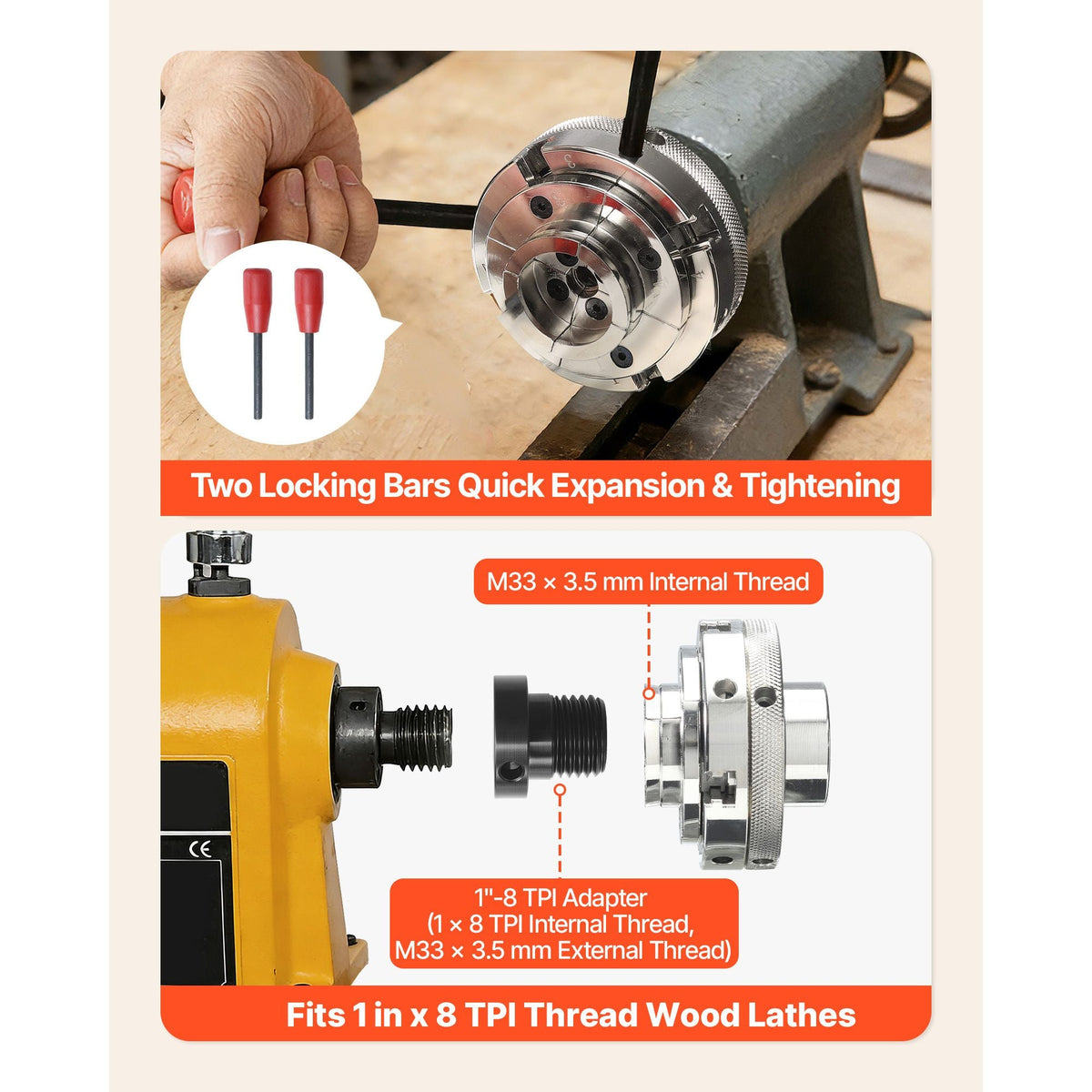 4 Inch Wood Lathe Chuck, 4-Jaw, Self-Centering Wood Turning Chuck Set with 1" x 8TPI Thread & Adapter, 4 PCS Round/Step/Pin Jaws, Case, Nickel-Plated, High-Hardness Steel, for Woodworking Lathe