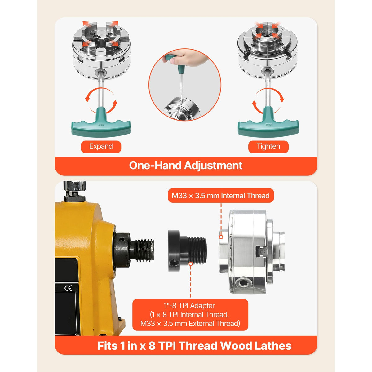 4 Inch Wood Lathe Chuck, 4-Jaw, Self-Centering Wood Turning Chuck Set with 1" x 8TPI Thread & Adapter, 5 PCS Jaws Round/Flat/Step/Pin, Carry Case, Nickel-Plated Finish, for Woodworking Lathe