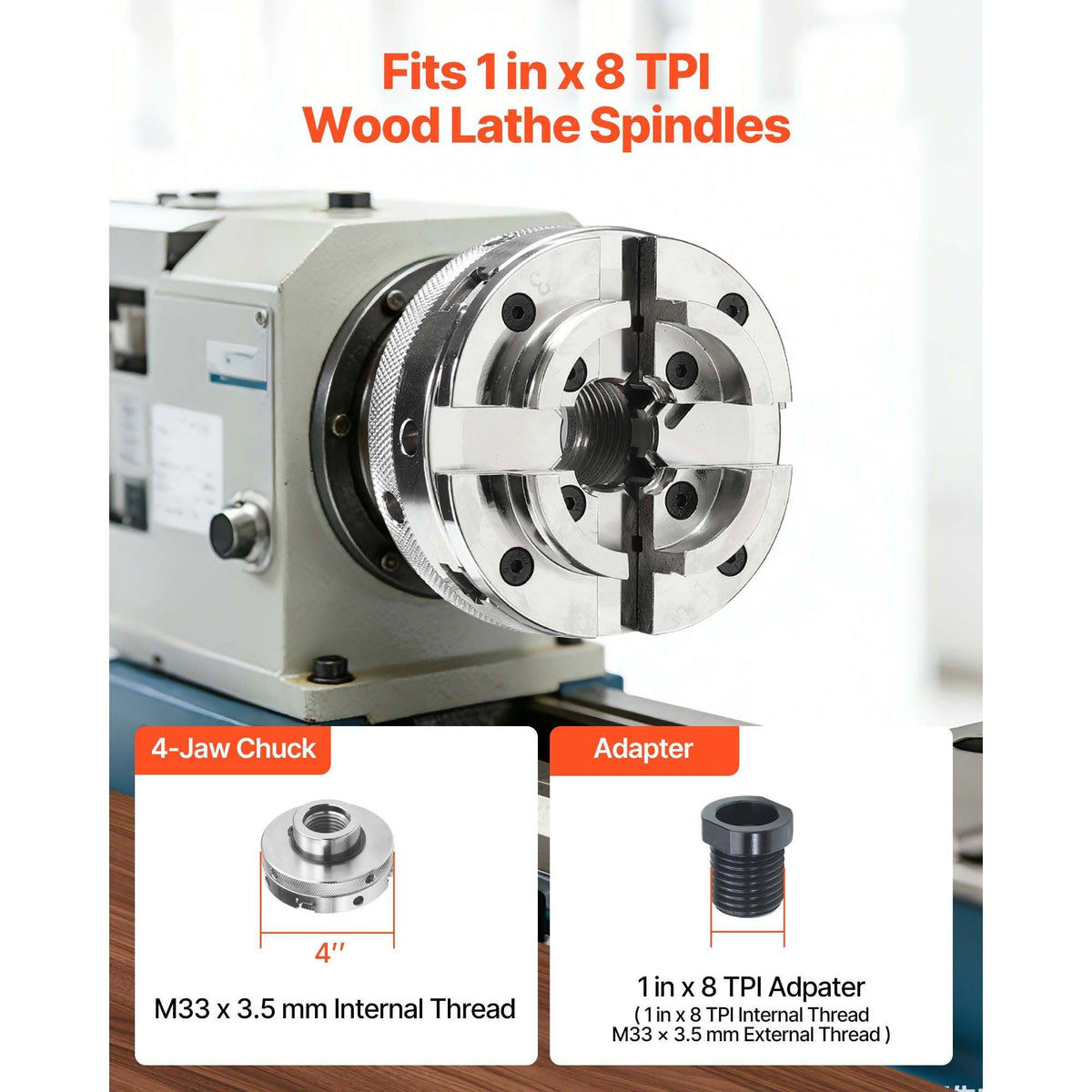 4 Inch Wood Lathe Chuck, 4-Jaw, Self-Centering Wood Turning Chuck Set with 1" x 8TPI Thread & Adapter, Nickel-Plated, High-Hardness Steel, Inside Clamping & Outside Support, for Woodworking