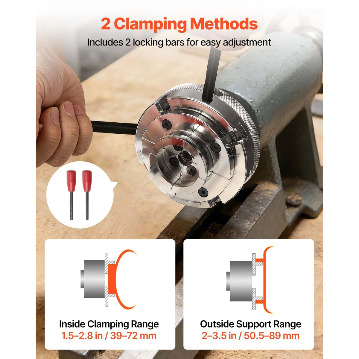 4 Inch Wood Lathe Chuck, 4-Jaw, Self-Centering Wood Turning Chuck Set with 1" x 8TPI Thread & Adapter, Nickel-Plated, High-Hardness Steel, Inside Clamping & Outside Support, for Woodworking