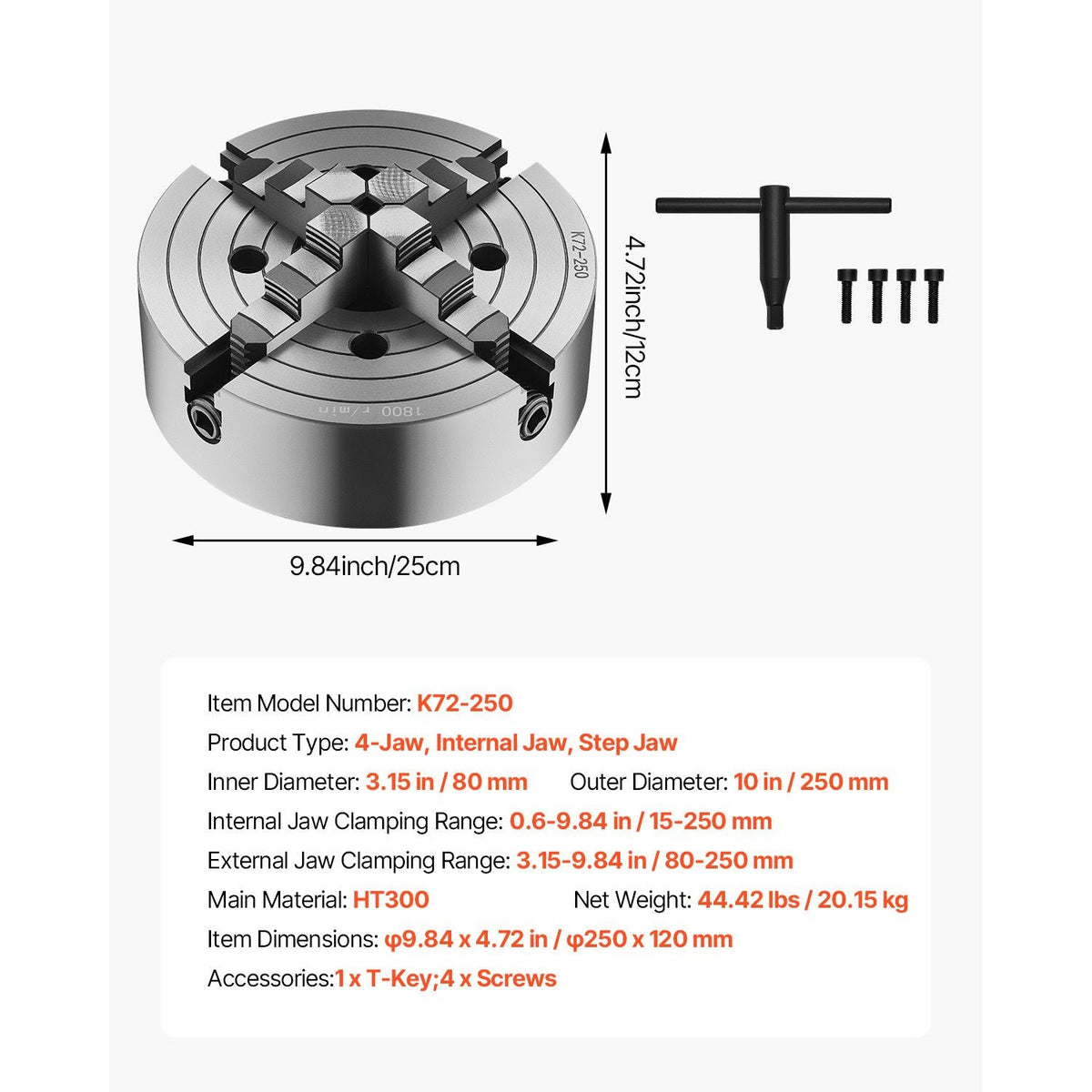 4-Jaw Lathe Chuck, 10 in (250 mm), Lathe Chuck, 0.6-9.84 in (15-250 mm) Clamping Range with T-key Fixing Screws Reversible Jaws, HT300 Cast Iron Material, Internal External for Wood Metal Lathe