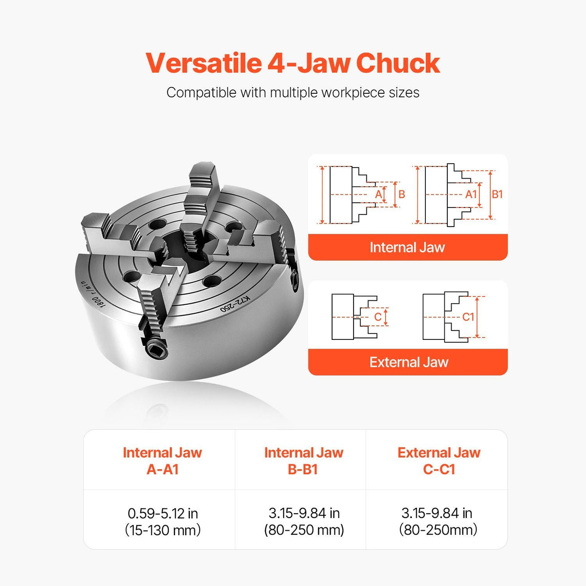 4-Jaw Lathe Chuck, 10 in (250 mm), Lathe Chuck, 0.6-9.84 in (15-250 mm) Clamping Range with T-key Fixing Screws Reversible Jaws, HT300 Cast Iron Material, Internal External for Wood Metal Lathe