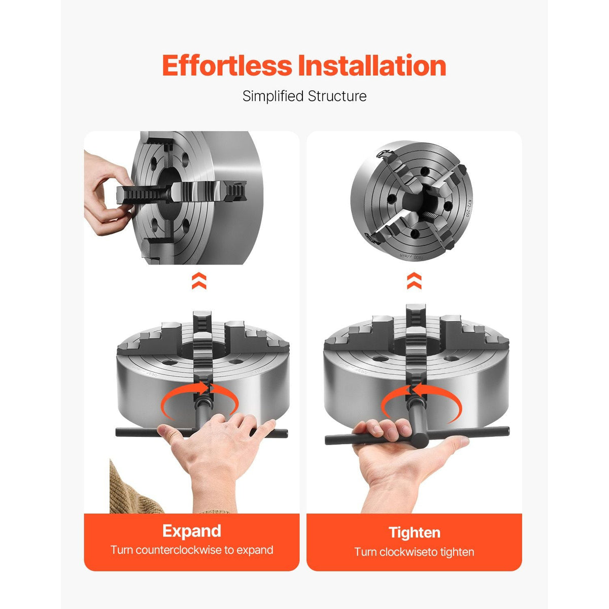 4-Jaw Lathe Chuck, 10 in (250 mm), Lathe Chuck, 0.6-9.84 in (15-250 mm) Clamping Range with T-key Fixing Screws Reversible Jaws, HT300 Cast Iron Material, Internal External for Wood Metal Lathe