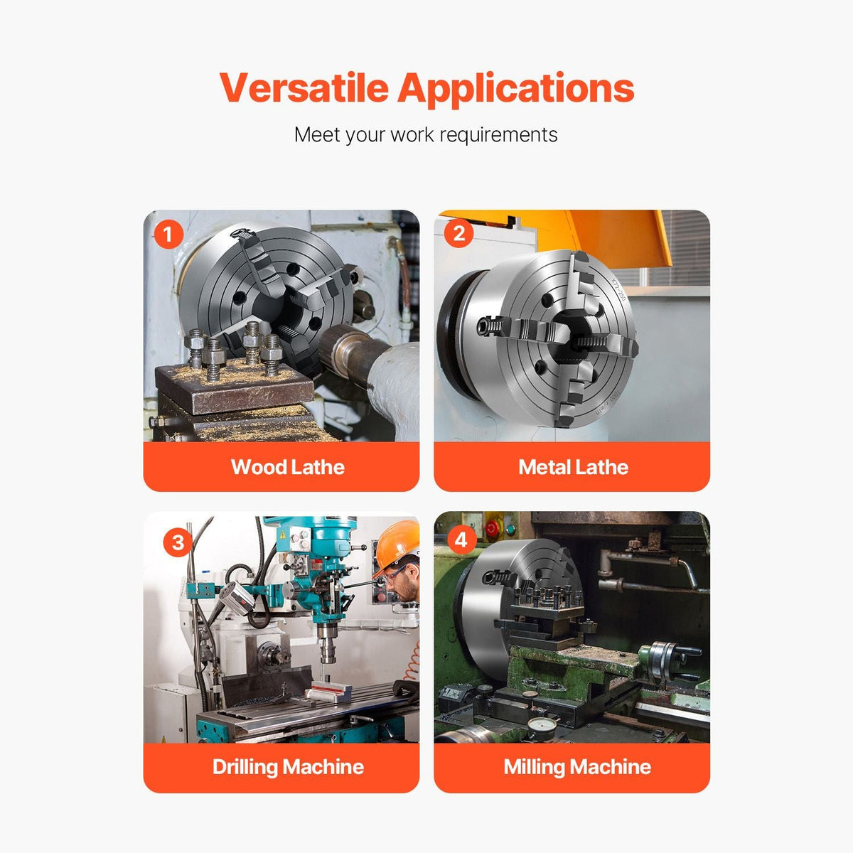 4-Jaw Lathe Chuck, 10 in (250 mm), Lathe Chuck, 0.6-9.84 in (15-250 mm) Clamping Range with T-key Fixing Screws Reversible Jaws, HT300 Cast Iron Material, Internal External for Wood Metal Lathe