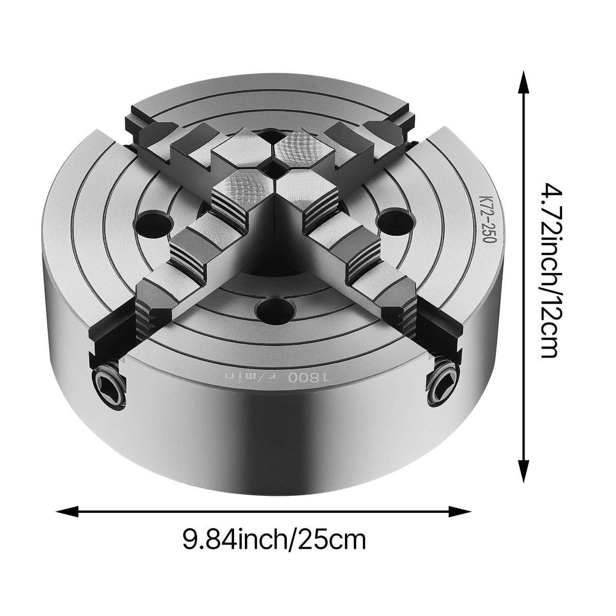 4-Jaw Lathe Chuck, 10 in (250 mm), Lathe Chuck, 0.6-9.84 in (15-250 mm) Clamping Range with T-key Fixing Screws Reversible Jaws, HT300 Cast Iron Material, Internal External for Wood Metal Lathe