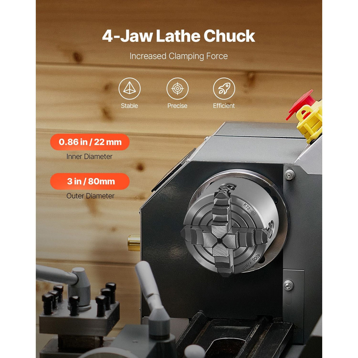 4-Jaw Lathe Chuck, 3 Inch (80 mm), 4-Jaw Chuck, 0.1-3.15 in (5-80 mm) Clamping Range with T-key Fixing Screws Reversible Jaws, HT300 Material, Internal External for Wood Metal Lathe